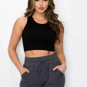 Yelete Women’s seamless Ribbed wide straps Deep Scoop Crop Tank Top cami Brami